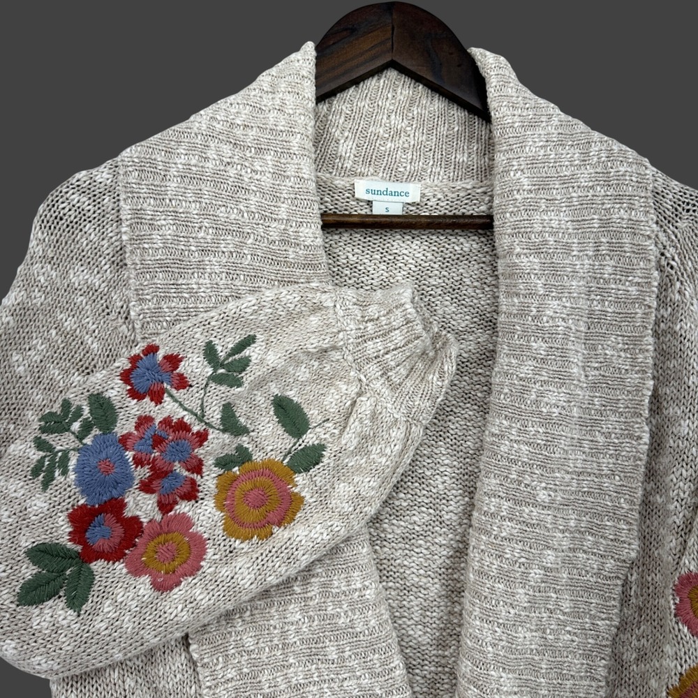Sundance Womens Beige Marl Floral Embroidered Open Front Cardigan Sweater SZ S